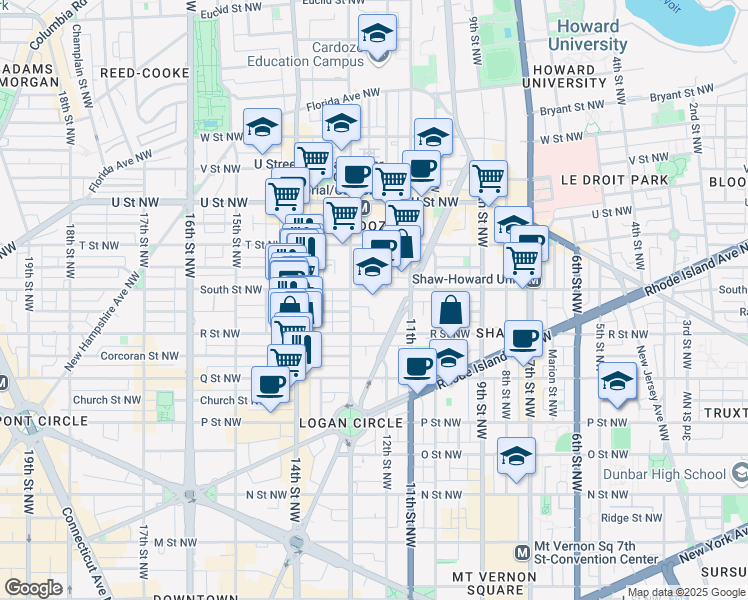 map of restaurants, bars, coffee shops, grocery stores, and more near 1200 South Street Northwest in Washington