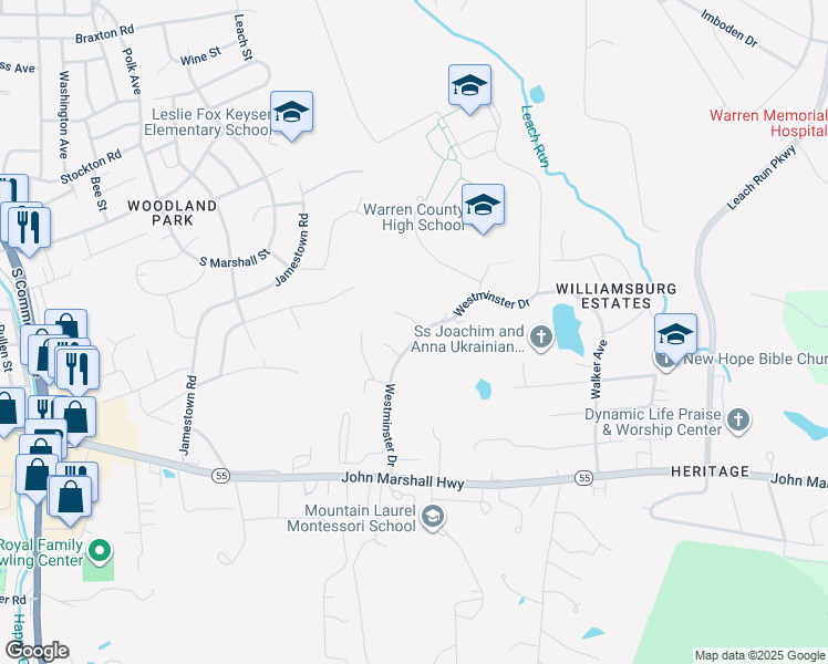 map of restaurants, bars, coffee shops, grocery stores, and more near 75 Westminster Drive in Front Royal