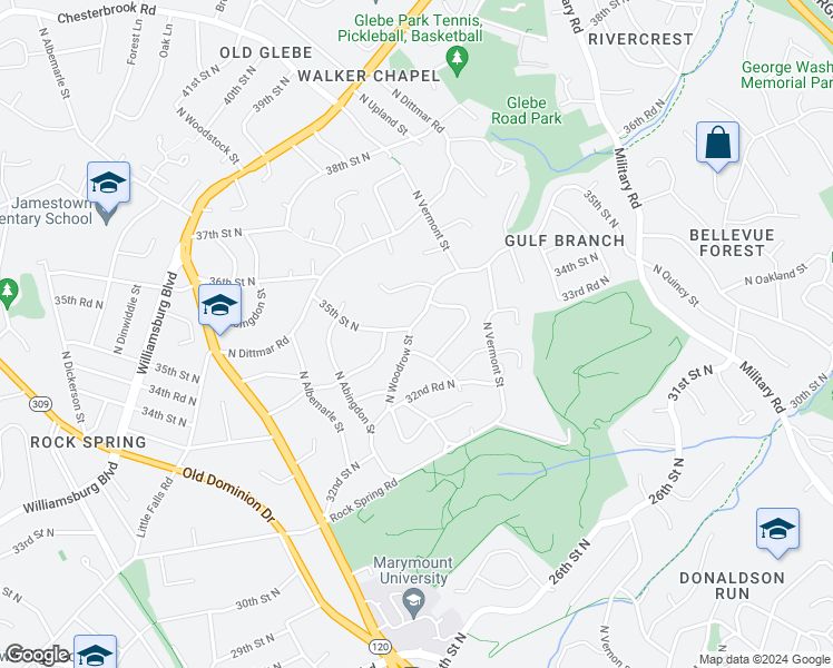 map of restaurants, bars, coffee shops, grocery stores, and more near 3411 North Woodrow Street in Arlington