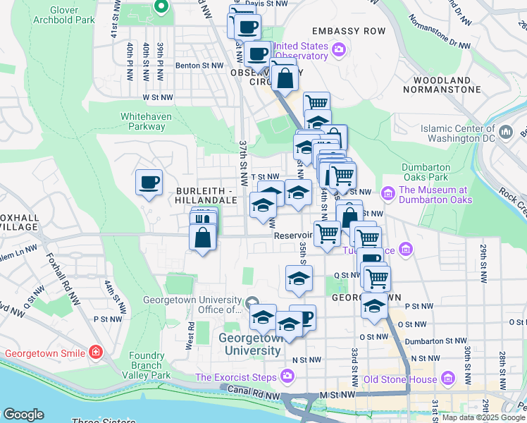 map of restaurants, bars, coffee shops, grocery stores, and more near 3609 R Street Northwest in Washington