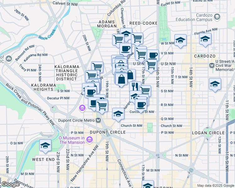 map of restaurants, bars, coffee shops, grocery stores, and more near 1740 18th Street Northwest in Washington