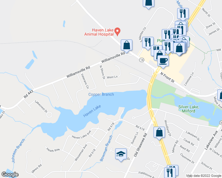 map of restaurants, bars, coffee shops, grocery stores, and more near 720 North Shore Drive in Milford
