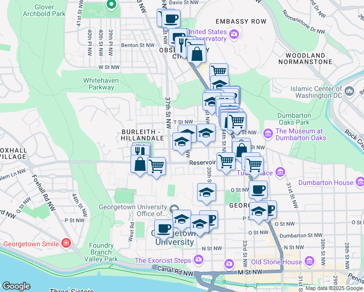 map of restaurants, bars, coffee shops, grocery stores, and more near 3609 R Street Northwest in Washington