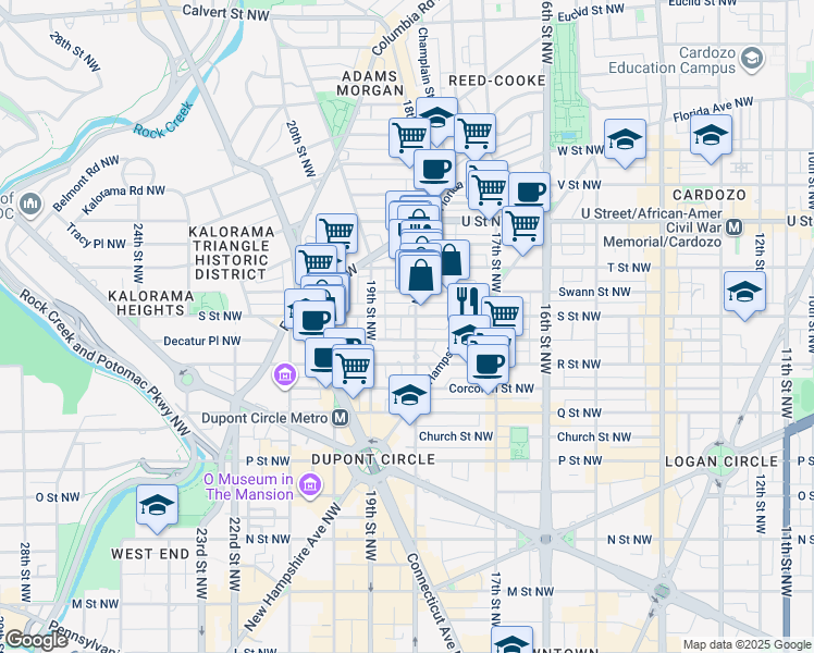 map of restaurants, bars, coffee shops, grocery stores, and more near 1740 18th Street Northwest in Washington