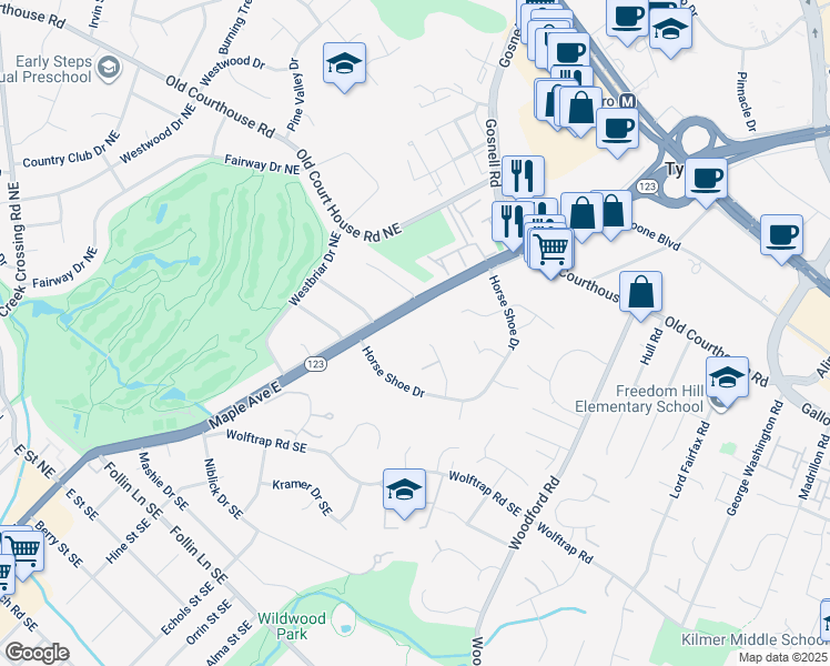 map of restaurants, bars, coffee shops, grocery stores, and more near 1900 Gables Lane in Vienna