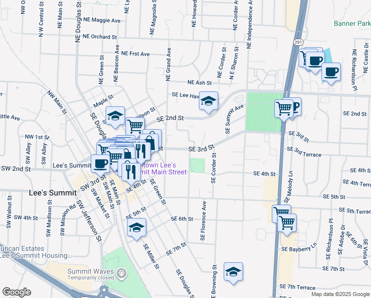map of restaurants, bars, coffee shops, grocery stores, and more near 416 Southeast 3rd Street in Lee's Summit