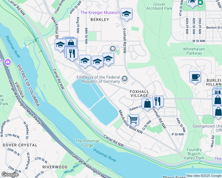 map of restaurants, bars, coffee shops, grocery stores, and more near 4712 Reservoir Road Northwest in Washington