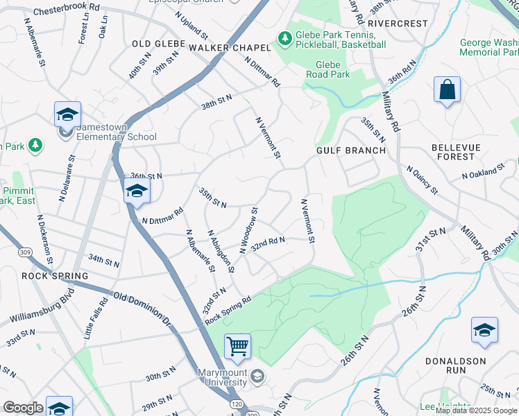 map of restaurants, bars, coffee shops, grocery stores, and more near 3411 North Woodrow Street in Arlington