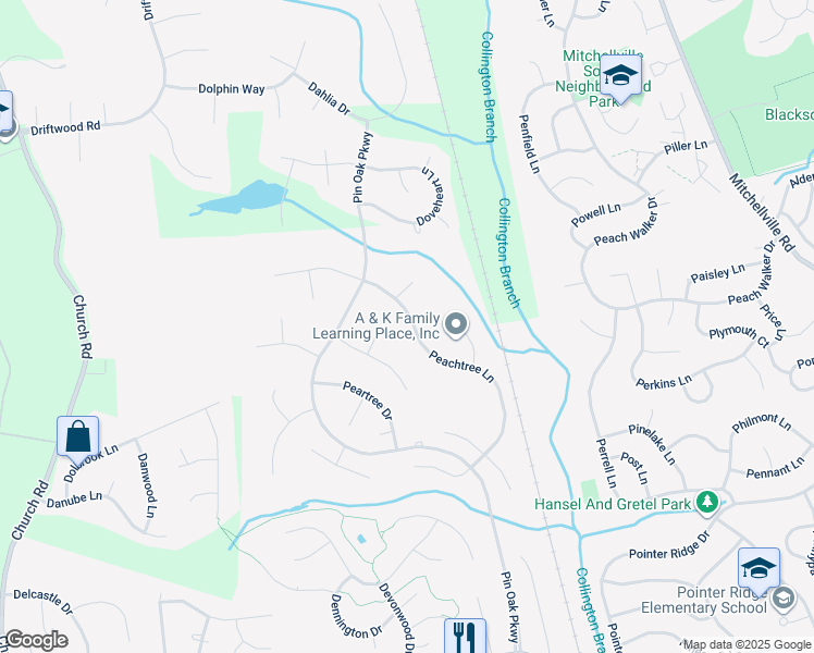 map of restaurants, bars, coffee shops, grocery stores, and more near 1728 Peachtree Lane in Bowie