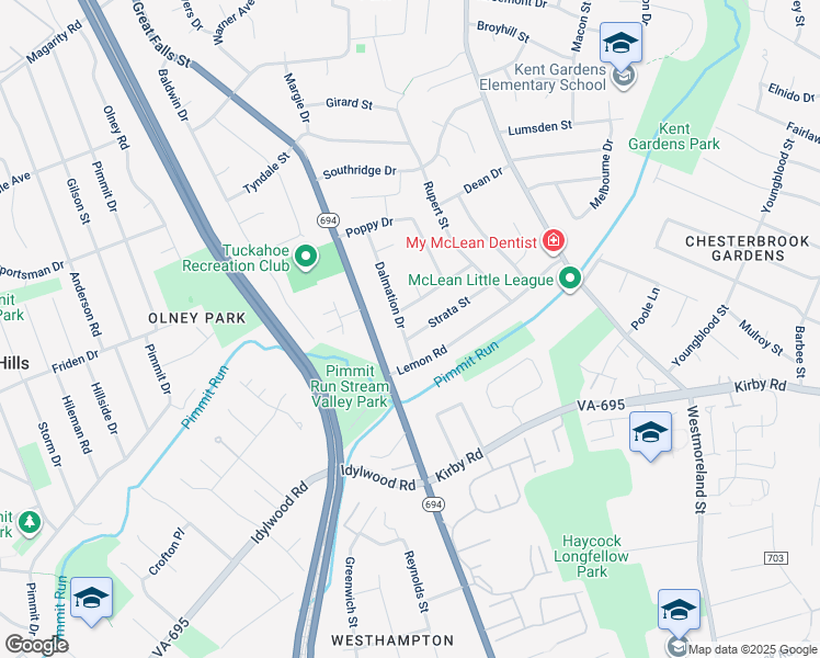 map of restaurants, bars, coffee shops, grocery stores, and more near 6910 Strata Street in McLean