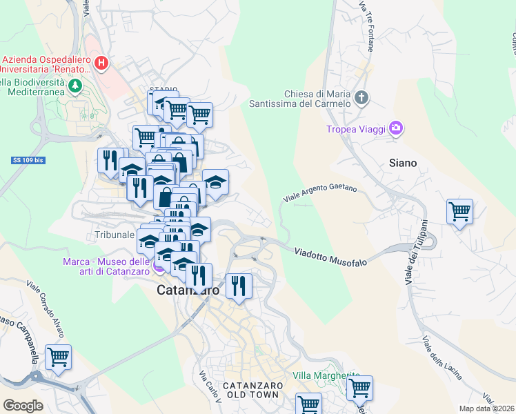 map of restaurants, bars, coffee shops, grocery stores, and more near 57 Via Eugenio de Riso in Catanzaro