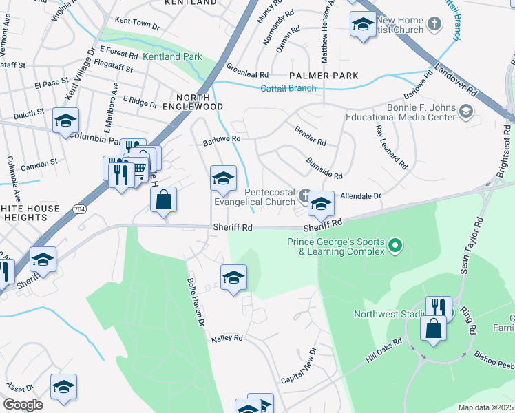 map of restaurants, bars, coffee shops, grocery stores, and more near 1708 Allendale Place in Hyattsville