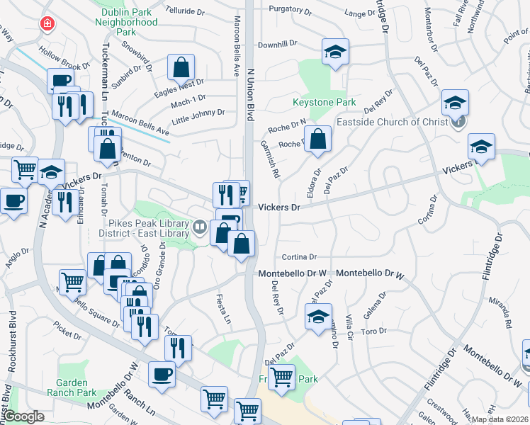 map of restaurants, bars, coffee shops, grocery stores, and more near in Colorado Springs