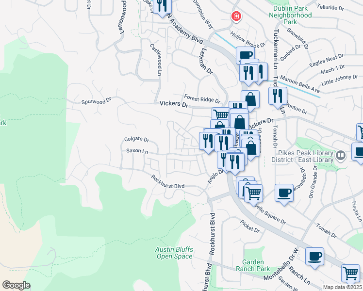 map of restaurants, bars, coffee shops, grocery stores, and more near 5702 Appalachian View in Colorado Springs
