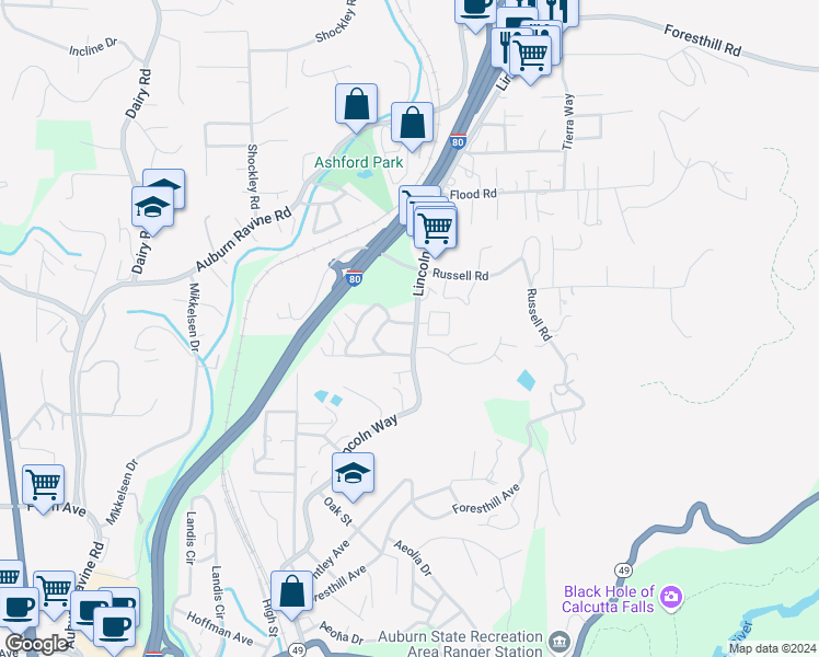 map of restaurants, bars, coffee shops, grocery stores, and more near 13059 Lincoln Way in Auburn