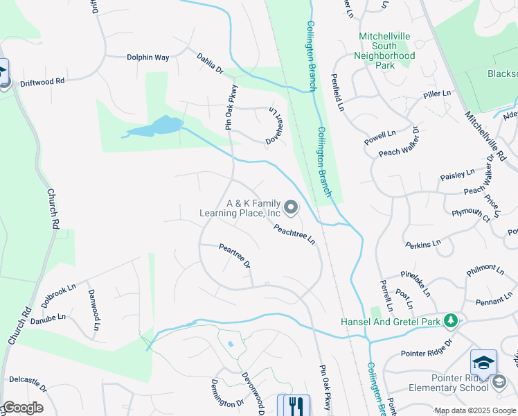 map of restaurants, bars, coffee shops, grocery stores, and more near 1728 Peachtree Lane in Bowie