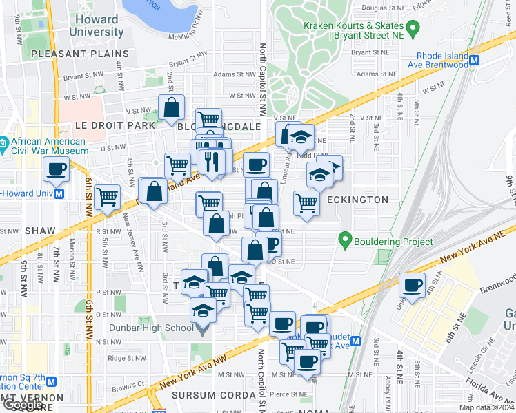 map of restaurants, bars, coffee shops, grocery stores, and more near 101 Independence Avenue Southeast in Washington