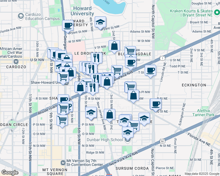 map of restaurants, bars, coffee shops, grocery stores, and more near 101 Independence Avenue Southeast in Washington