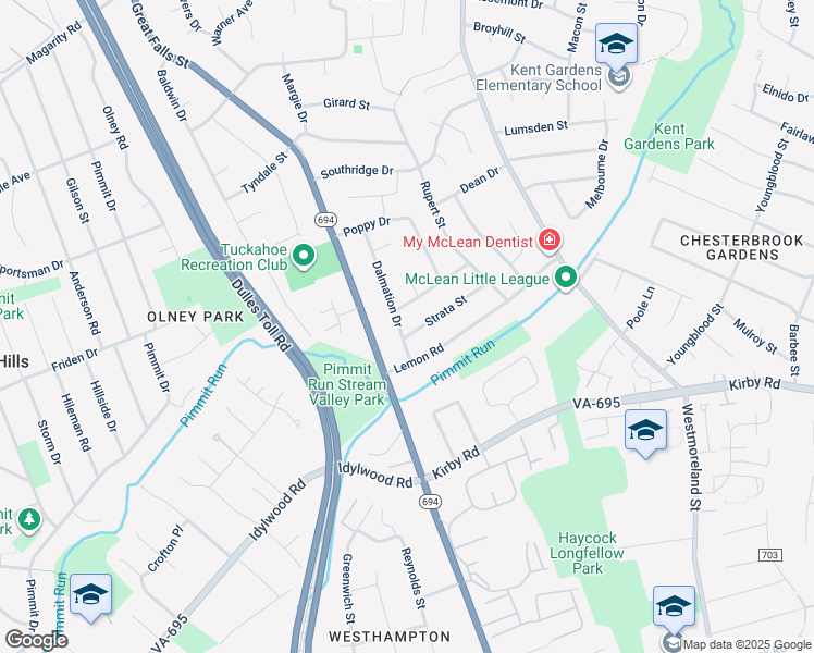 map of restaurants, bars, coffee shops, grocery stores, and more near 6910 Strata Street in McLean
