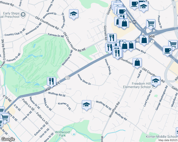 map of restaurants, bars, coffee shops, grocery stores, and more near 1900 Gables Lane in Vienna