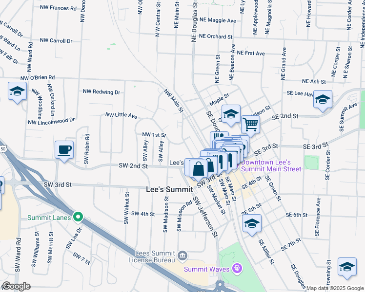 map of restaurants, bars, coffee shops, grocery stores, and more near 4B Northwest Market Street in Lee's Summit