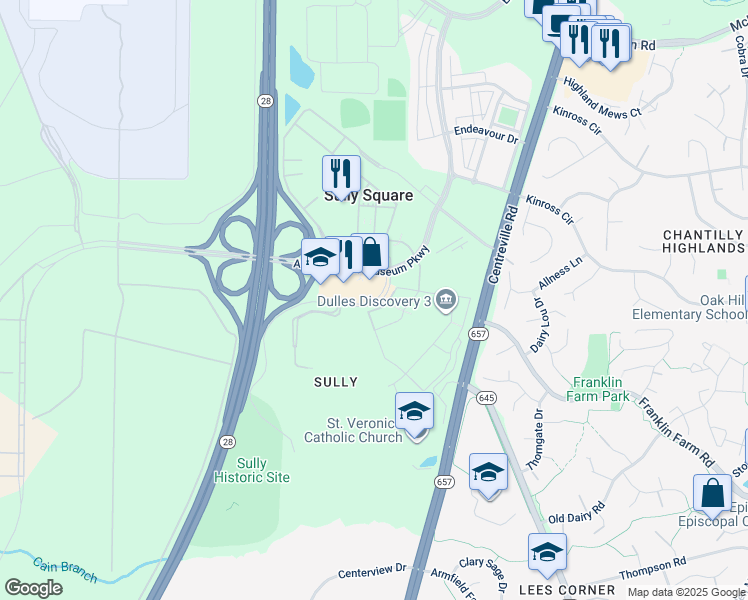 map of restaurants, bars, coffee shops, grocery stores, and more near 3463 Historic Sully Way in Herndon