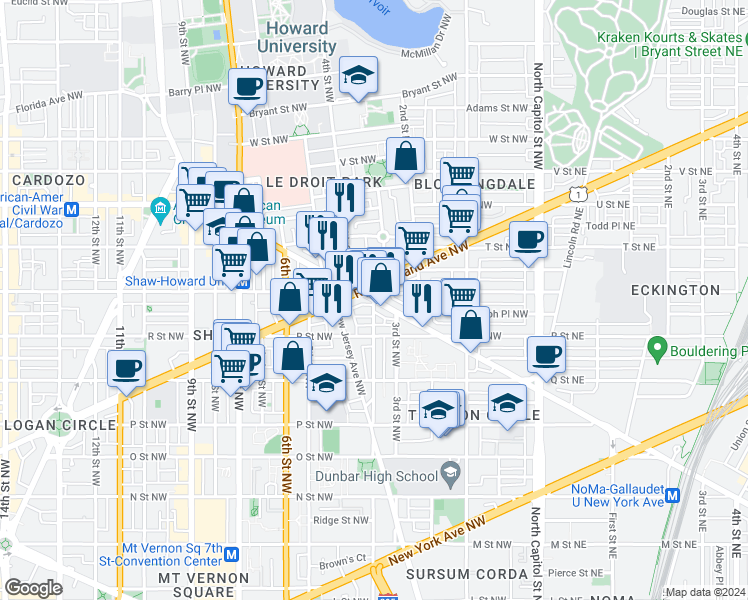 map of restaurants, bars, coffee shops, grocery stores, and more near Florida Ave NW & 4th St NW in Washington