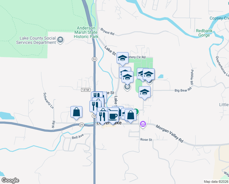 map of restaurants, bars, coffee shops, grocery stores, and more near 16220 Jessie Street in Lower Lake