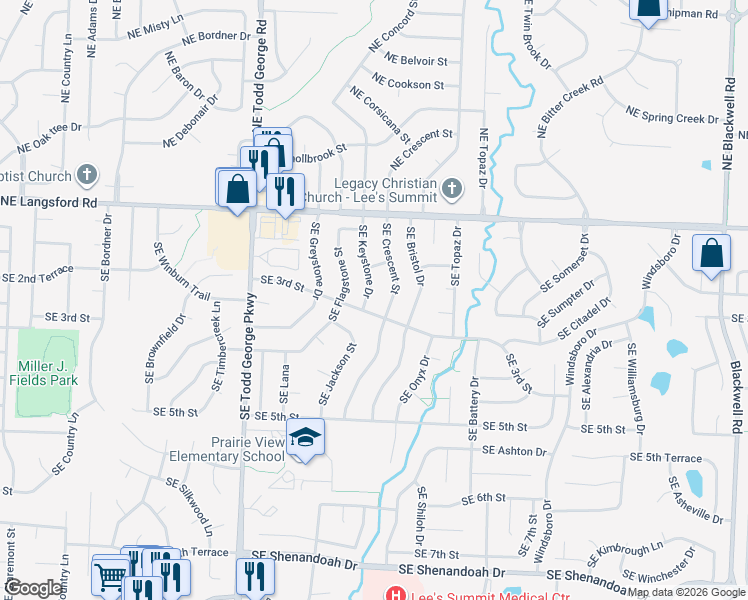 map of restaurants, bars, coffee shops, grocery stores, and more near 206 Southeast Crescent Street in Lee's Summit