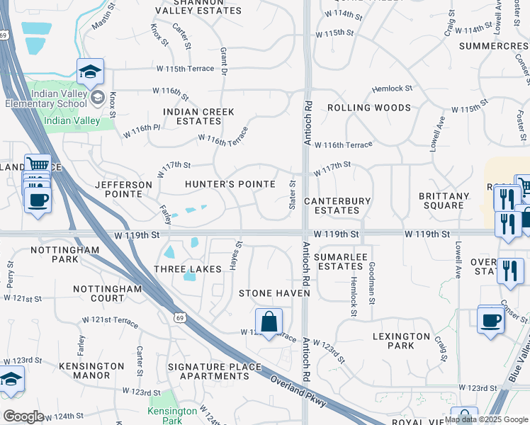 map of restaurants, bars, coffee shops, grocery stores, and more near 11739 England Street in Overland Park