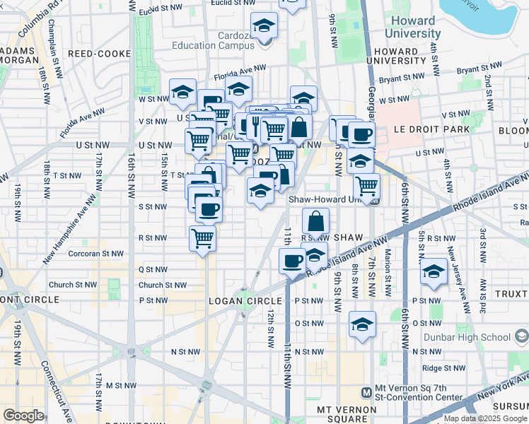 map of restaurants, bars, coffee shops, grocery stores, and more near 1200 South Street Northwest in Washington