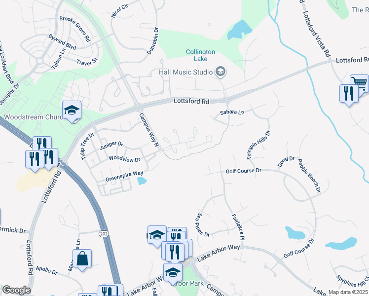 map of restaurants, bars, coffee shops, grocery stores, and more near 1705 Barrington Court in Bowie