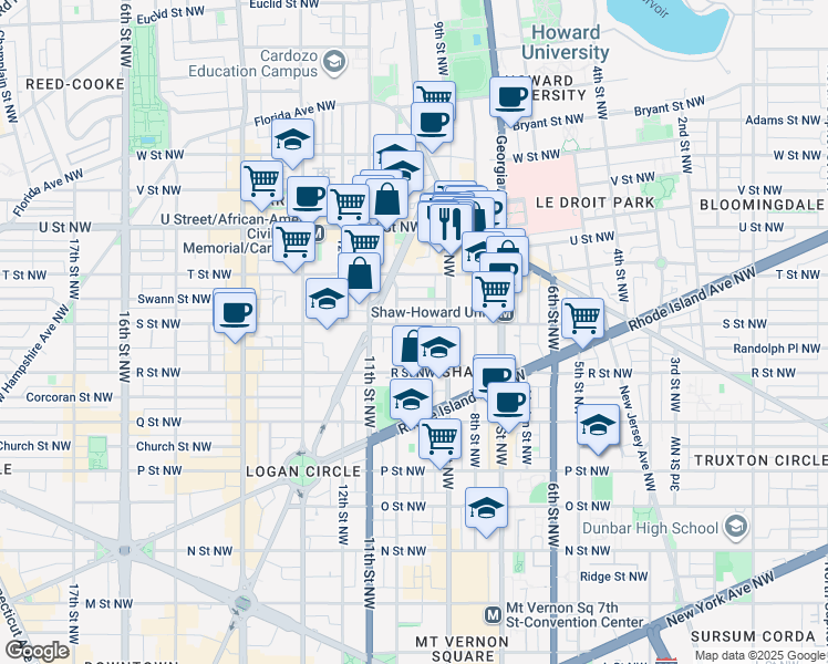 map of restaurants, bars, coffee shops, grocery stores, and more near 934 S Street Northwest in Washington