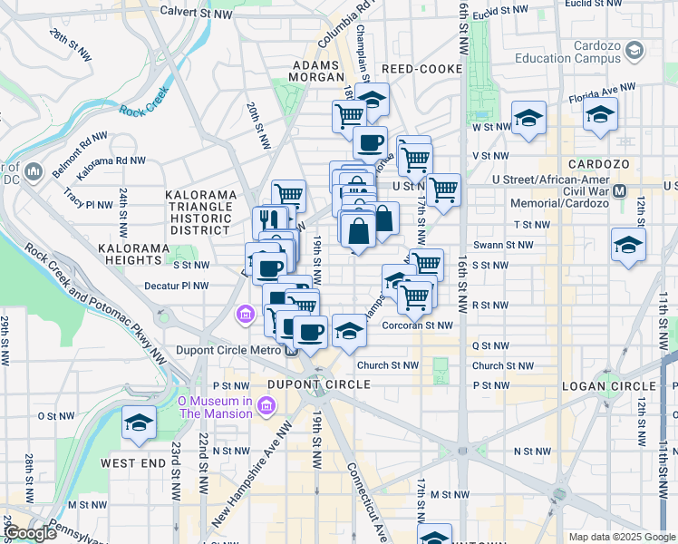 map of restaurants, bars, coffee shops, grocery stores, and more near 1816 S Street Northwest in Washington