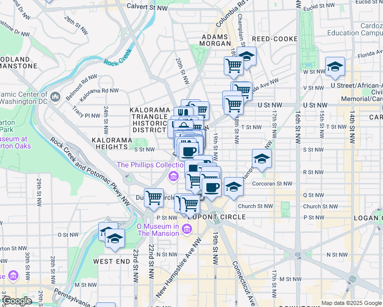map of restaurants, bars, coffee shops, grocery stores, and more near 1745 Connecticut Avenue Northwest in Washington