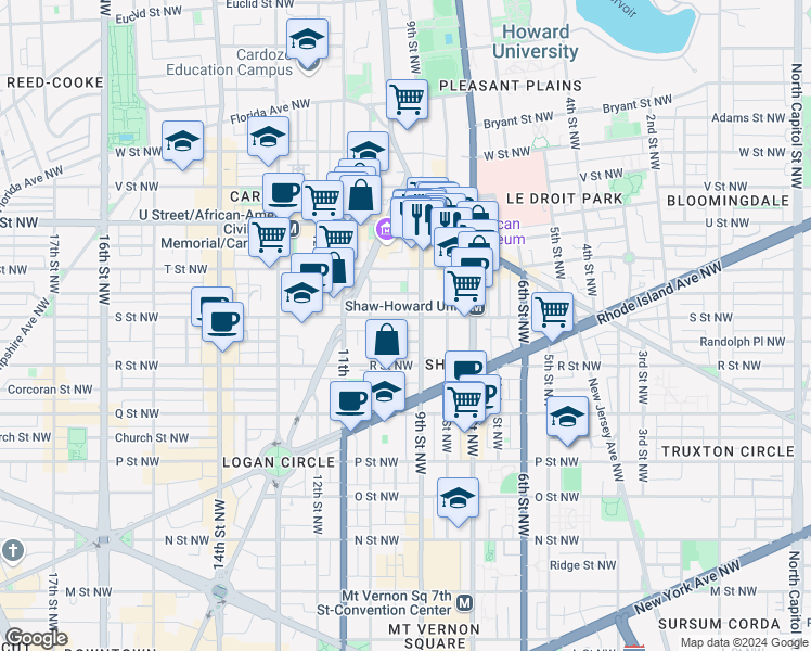 map of restaurants, bars, coffee shops, grocery stores, and more near 914 S Street Northwest in Washington