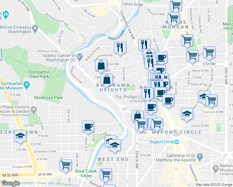 map of restaurants, bars, coffee shops, grocery stores, and more near 2340 S Street NW in Washington