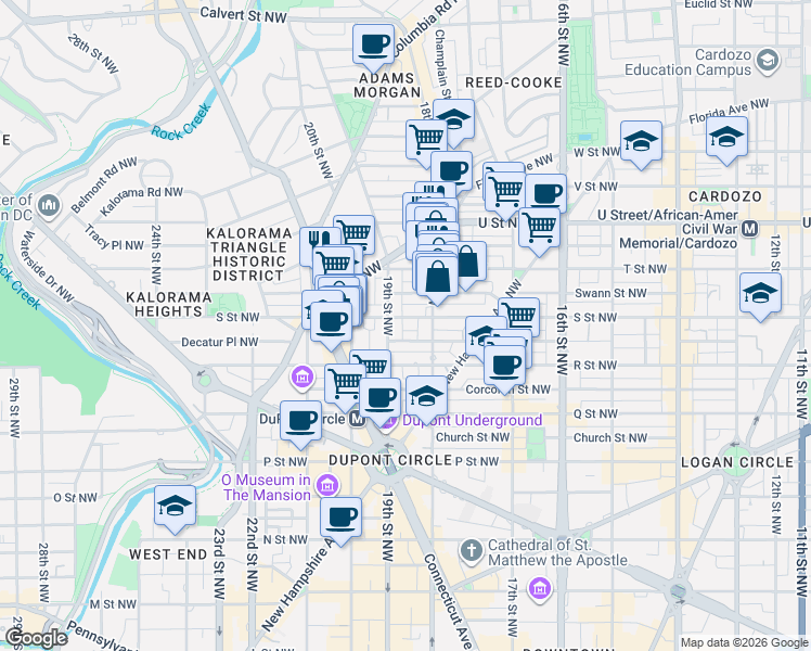map of restaurants, bars, coffee shops, grocery stores, and more near 1824 S Street Northwest in Washington