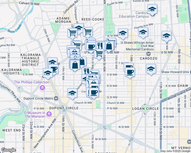 map of restaurants, bars, coffee shops, grocery stores, and more near 1632 South Street Northwest in Washington