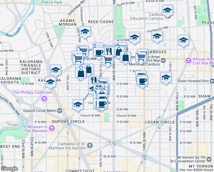 map of restaurants, bars, coffee shops, grocery stores, and more near 1618 S Street Northwest in Washington