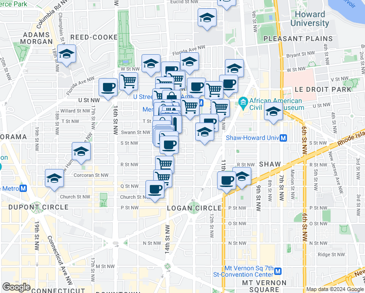map of restaurants, bars, coffee shops, grocery stores, and more near 1324 S Street Northwest in Washington