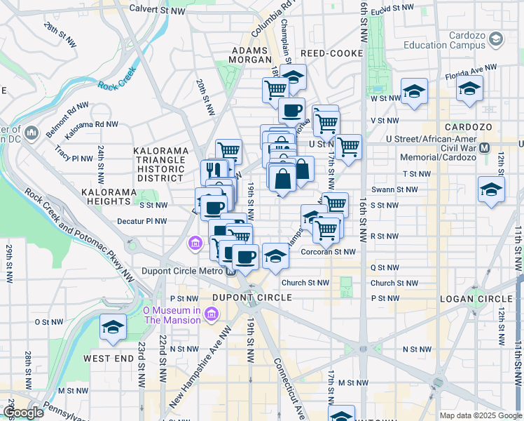 map of restaurants, bars, coffee shops, grocery stores, and more near 1824 S Street Northwest in Washington