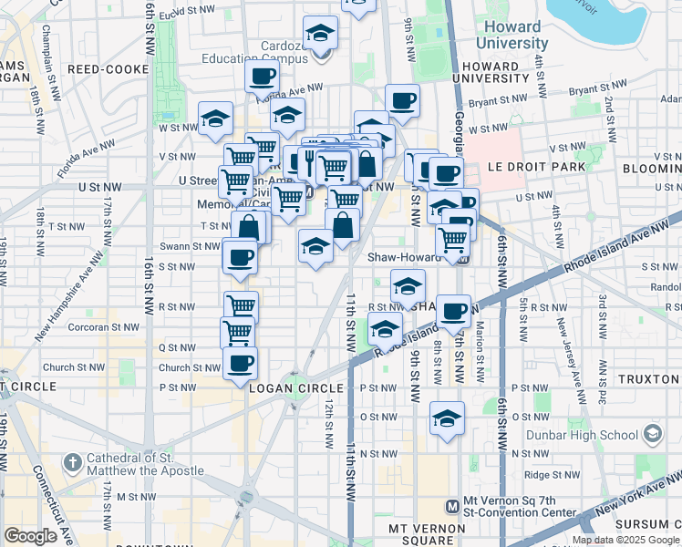 map of restaurants, bars, coffee shops, grocery stores, and more near 1700 Vermont Avenue Northwest in Washington