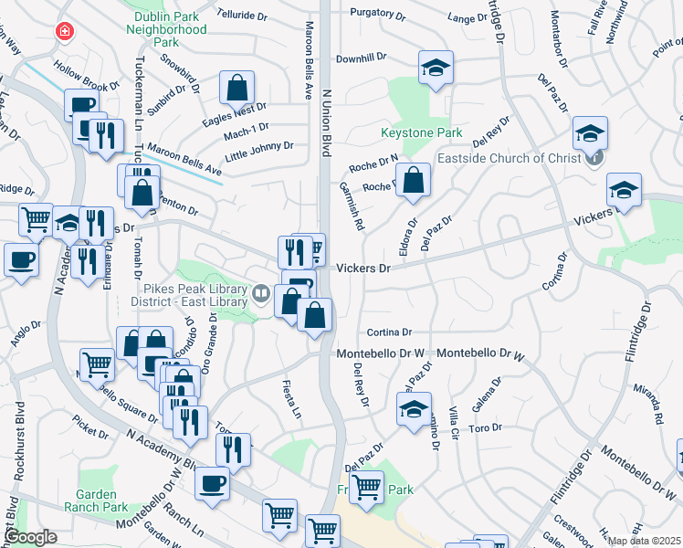 map of restaurants, bars, coffee shops, grocery stores, and more near 2811 Upper Vickers View in Colorado Springs
