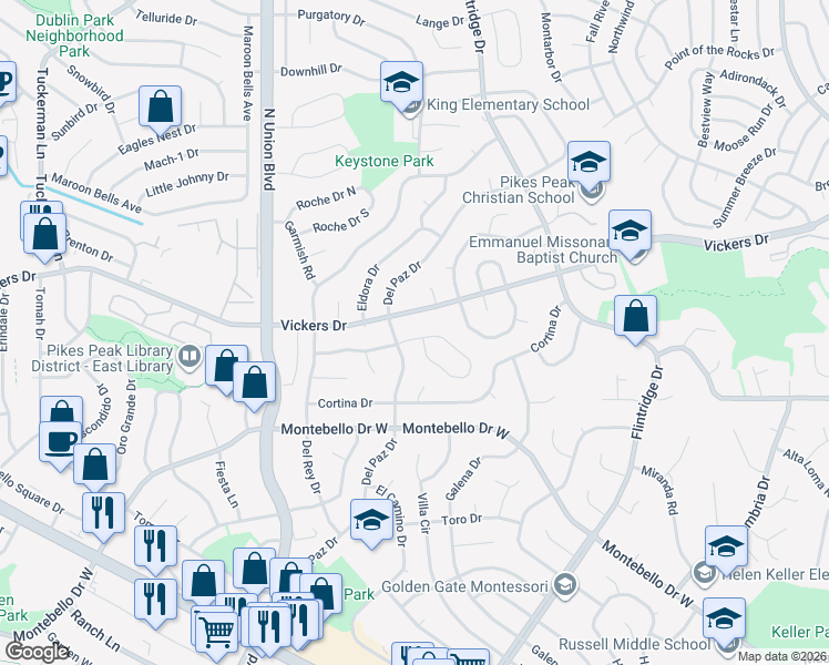 map of restaurants, bars, coffee shops, grocery stores, and more near 3155 Vickers Drive in Colorado Springs