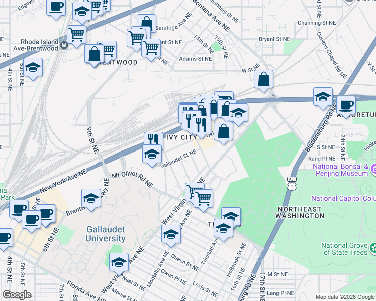 map of restaurants, bars, coffee shops, grocery stores, and more near 101 Independence Avenue Southeast in Washington
