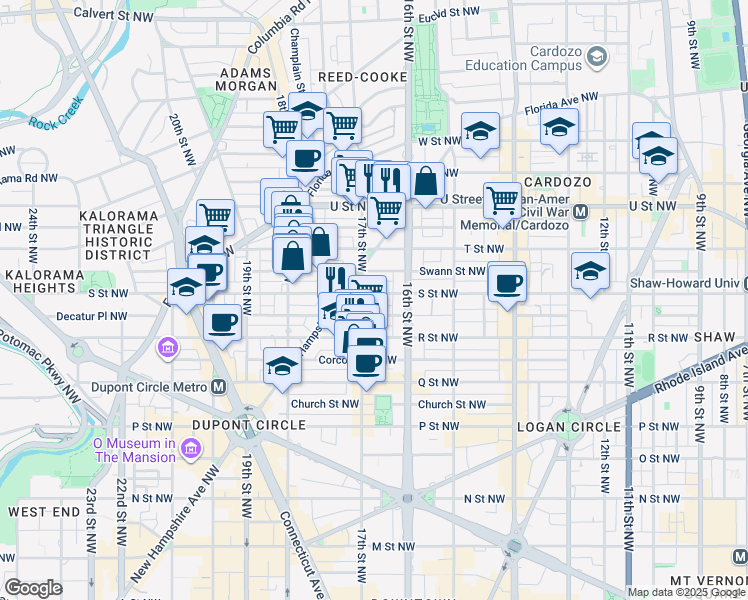 map of restaurants, bars, coffee shops, grocery stores, and more near 1632 South Street Northwest in Washington
