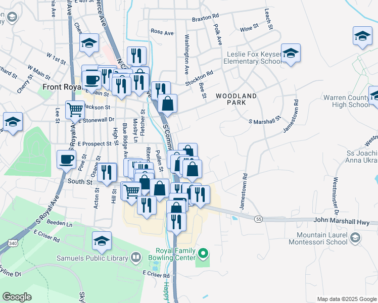map of restaurants, bars, coffee shops, grocery stores, and more near 354 Jackson Lane in Front Royal