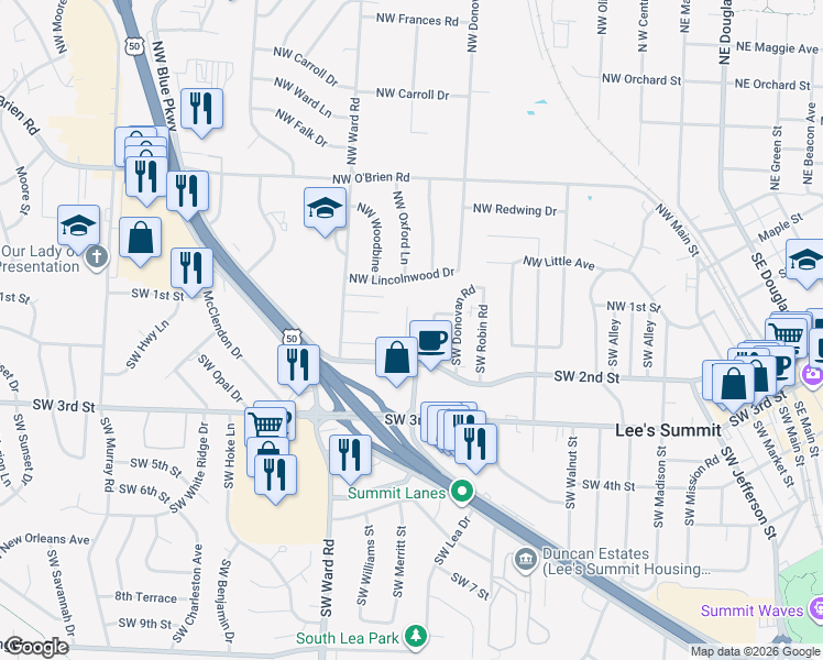 map of restaurants, bars, coffee shops, grocery stores, and more near 109 Southwest Oxford Place in Lee's Summit