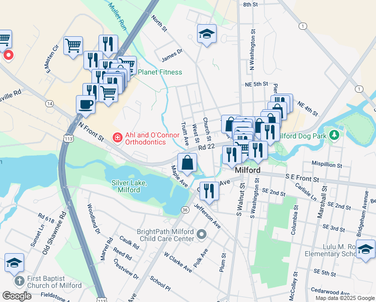 map of restaurants, bars, coffee shops, grocery stores, and more near 414 Northwest Front Street in Milford